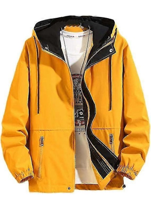 Jacheta de iarna barbati, galben, poliester si bumbac, rezistenta la apa si vant, cu gluga si multiple buzunare