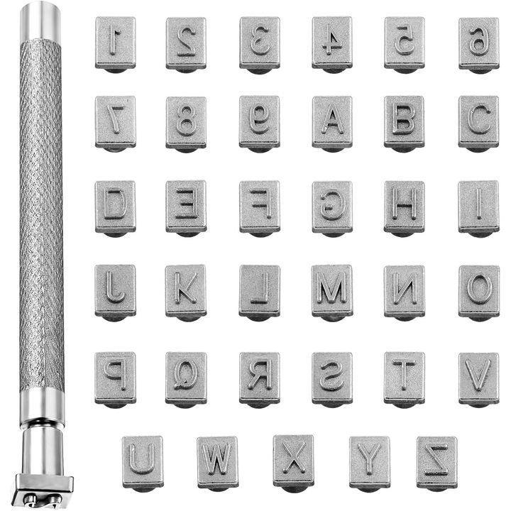 Set de stampile pentru piele, 26 litere mari si 10 cifre, otel aliat, 10mm x 8mm, 6mm inaltime