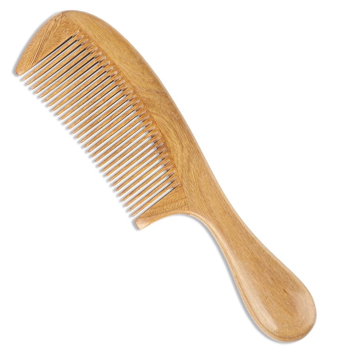 Pieptene din lemn de santal verde 100% natural, 7x2x3in, anti-static, realizat manual