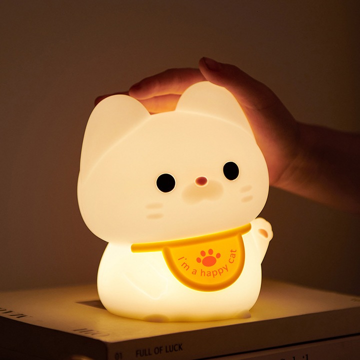Lampa de veghe pentru copii, forma de pisica, dimabila, din silicon, incarcabila, 60 ore autonomie, multicolor.