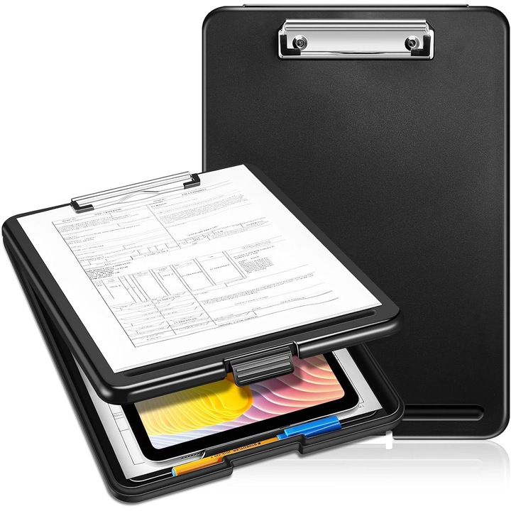 Clipboard A4 cu compartimente, design usor si portabil, pentru studenti, profesori, asistenti medicali, negru