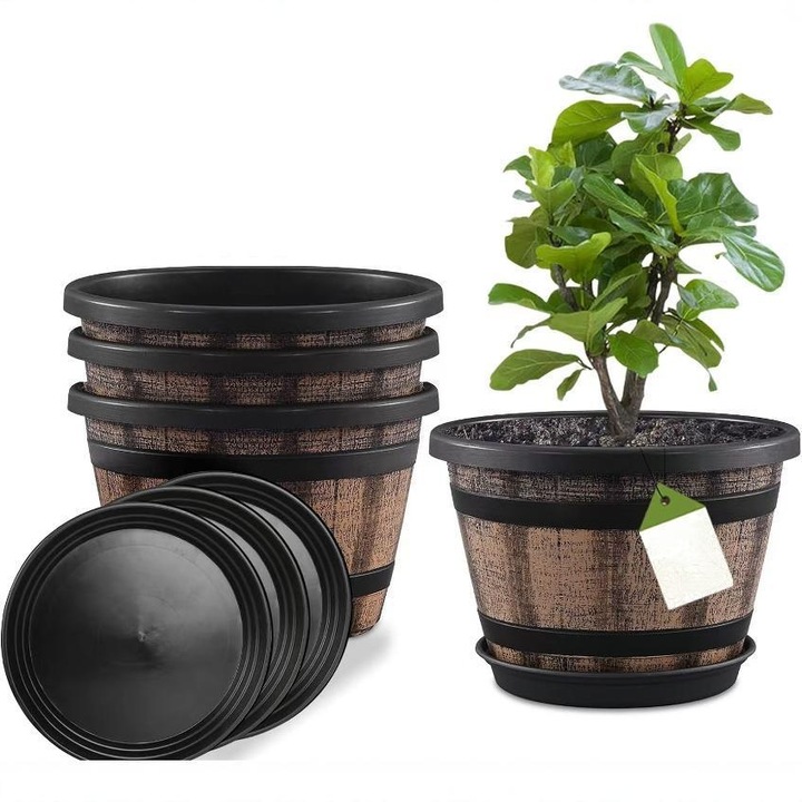 Set 3 ghivece 10 inch, design butoi de whiskey, cu orificii de drenaj si tavite, pentru plante de interior si exterior, maro