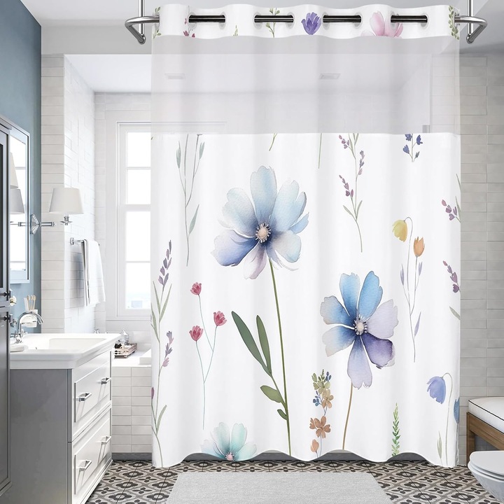 Cortina de dus florala fara carlige cu captuseala detasabila, design modern minimalist, albastra, set 71x74 inci