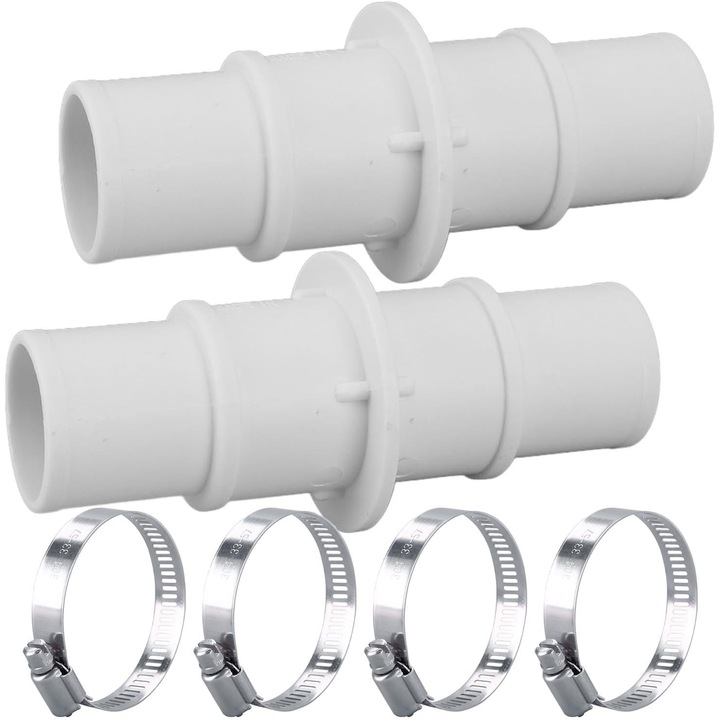 Conectori furtun piscina set 2 bucati, 1-1/4 inch sau 1-1/2 inch, PVC, cu cleme din otel inoxidabil