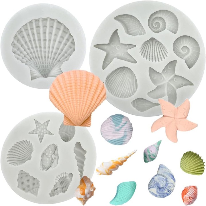 Set 3 forme silicon pentru prajituri tema ocean, multicolor, 10x10x3cm