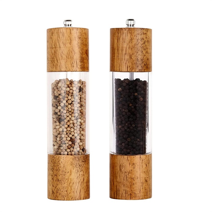 Set rasnite condimente din acril si lemn, 8 inch, capacitate 6 uncii, ajustare fina/coarsa, 2 piese