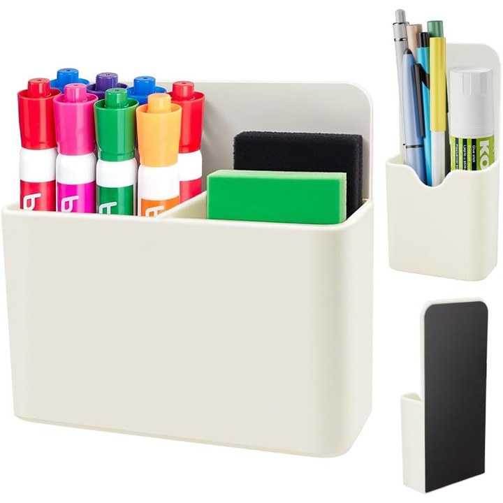 Suport magnetic pentru pixuri, set de 2, compartimente spatioase, magneti puternici, pentru birou, frigider, tabla alba