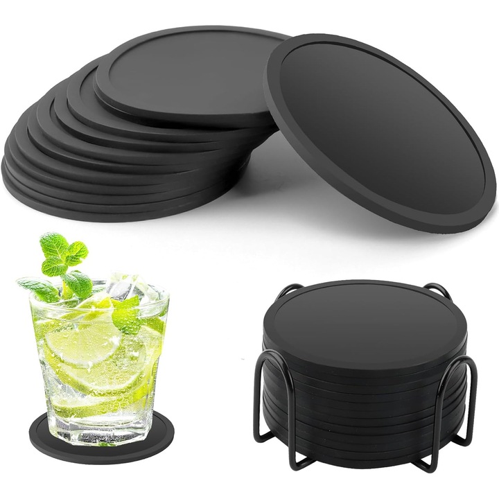 Set de 12 suporturi rotunde din silicon negru, cu suport din inox, pentru bauturi, 10cm