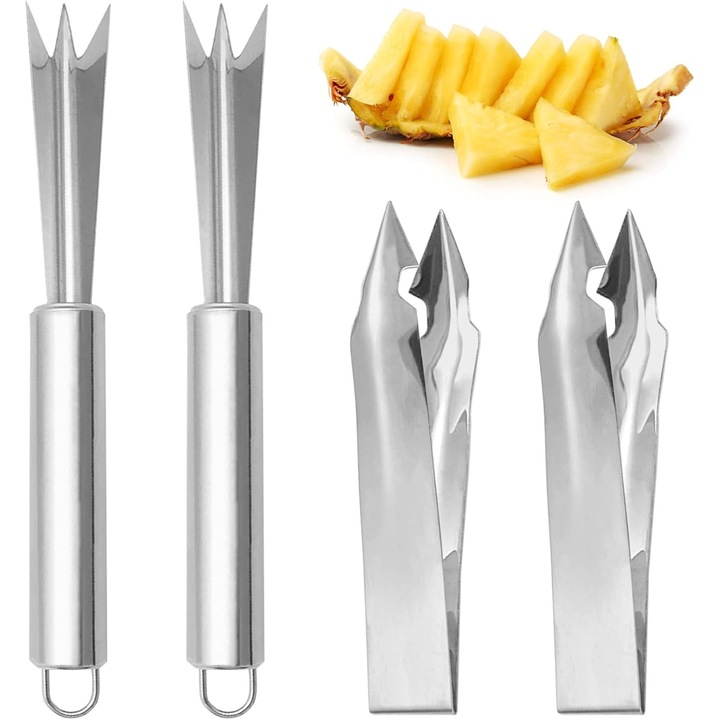 Set 4 unelte pentru curatarea ochilor de ananas, otel inoxidabil, argintiu, 12x19.9cm