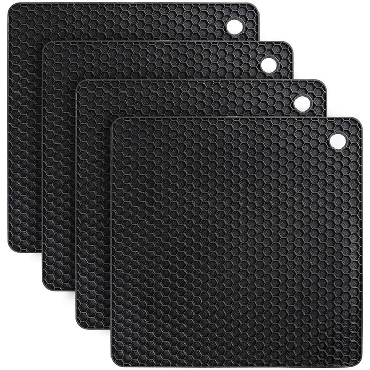 4 darabos készlet, Négyzet alakú szilikon edényalátétek, hőállóak 240°C-ig, csúszásmentes méhsejt mintával, Fekete, 18 x 18 cm, 6 mm