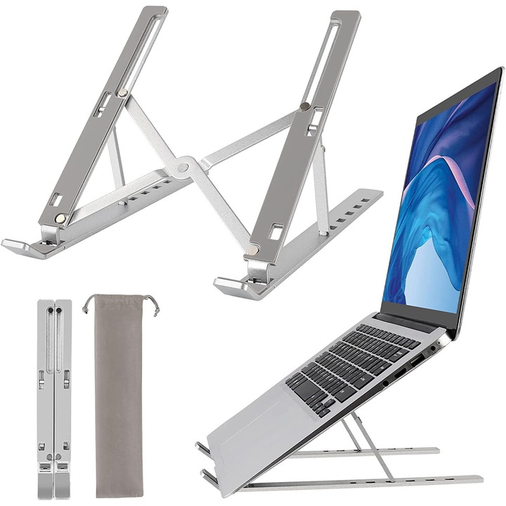 Suport laptop ergonomic din aluminiu ajustabil, 6 pozitii, anti-alunecare, 9-15.6 inch, 257g