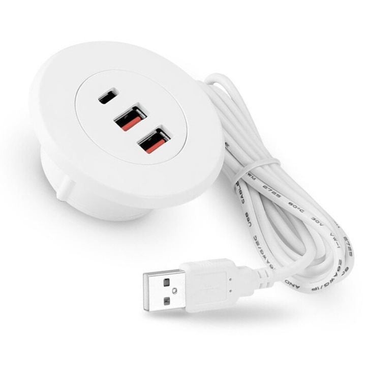 Beépített USB Type C töltőelosztó, 3 portos, fehér, irodai készlet