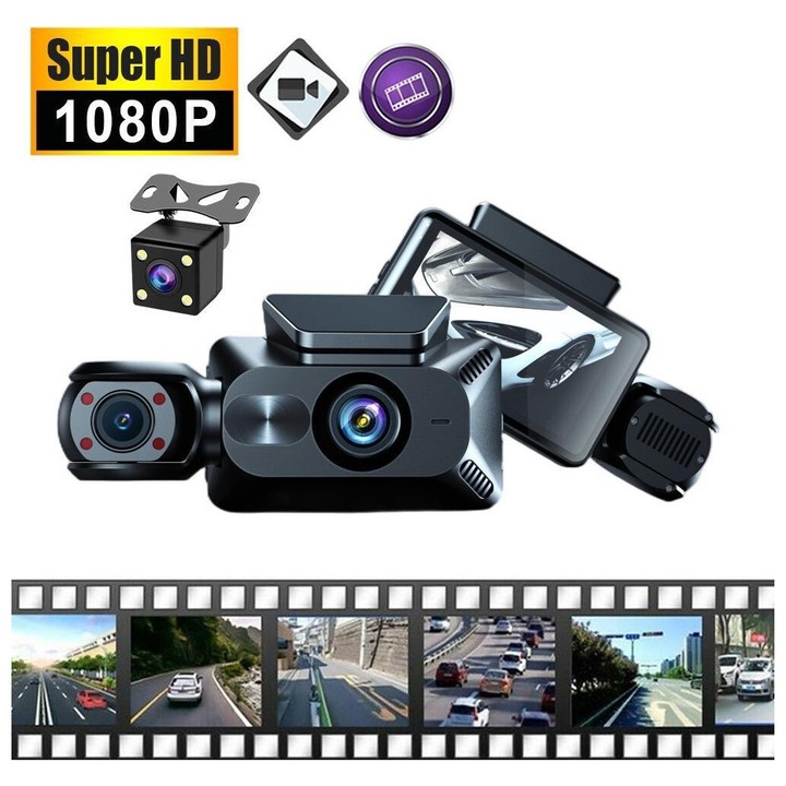 Autó kamera DVR, 3 hüvelykes, F2.6, első + hátsó felvétel + WiFi, 1080p, 170 fokos látószög, szélvédőre szerelhető, fekete