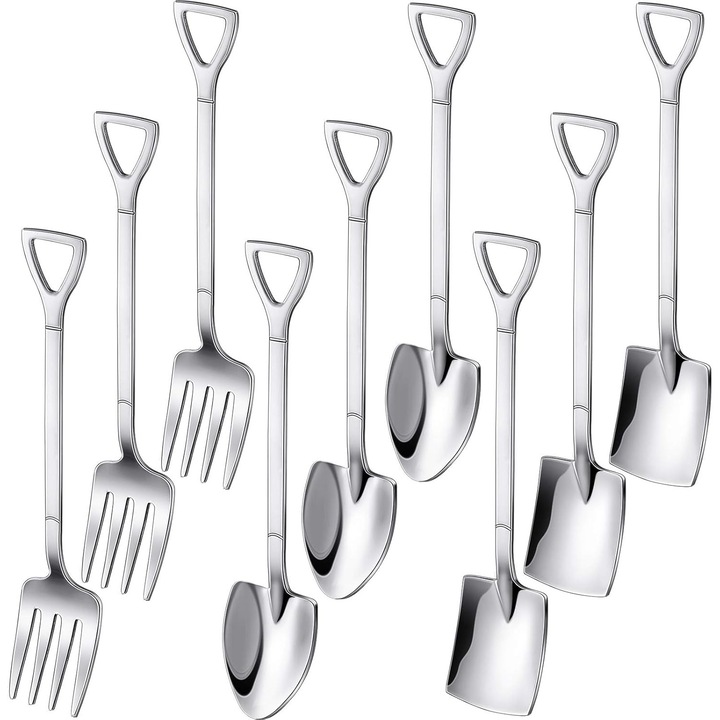 Set de 9 tacamuri din otel inoxidabil pentru deserturi, cu linguri spatula, linguri cu varf si furculite, argintii