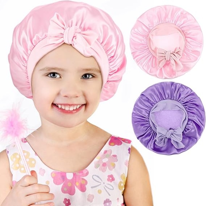 Set 2 Caciuli Satin pentru Copii, Roz si Violet, Design Elastic, Material Premium