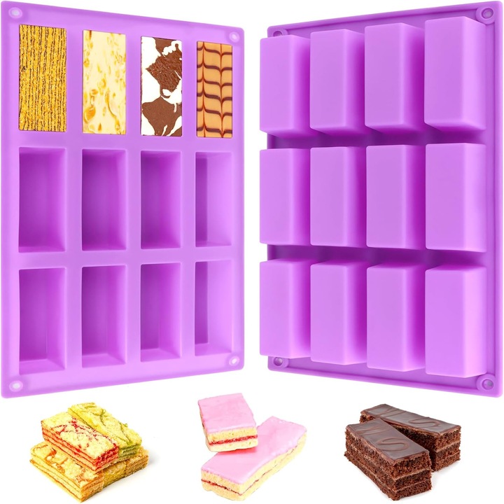 Set de 2 forme rectangulare din silicon, 12 cavitati fiecare, 29.5x17.2x3cm, mov