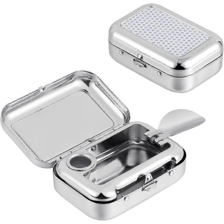 Set 2 scrumiere mini portabile, din aliaj de aluminiu, cu capac, rezistente la rugina, pentru exterior, dimensiuni mici