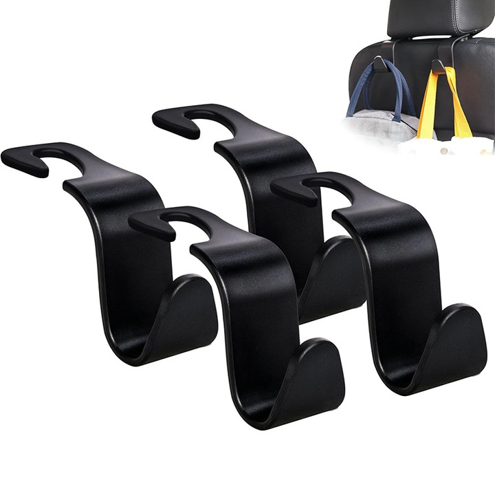 Suporturi auto, set 4 buc, organizare geanta/portofel, universal, negru, S-shaped