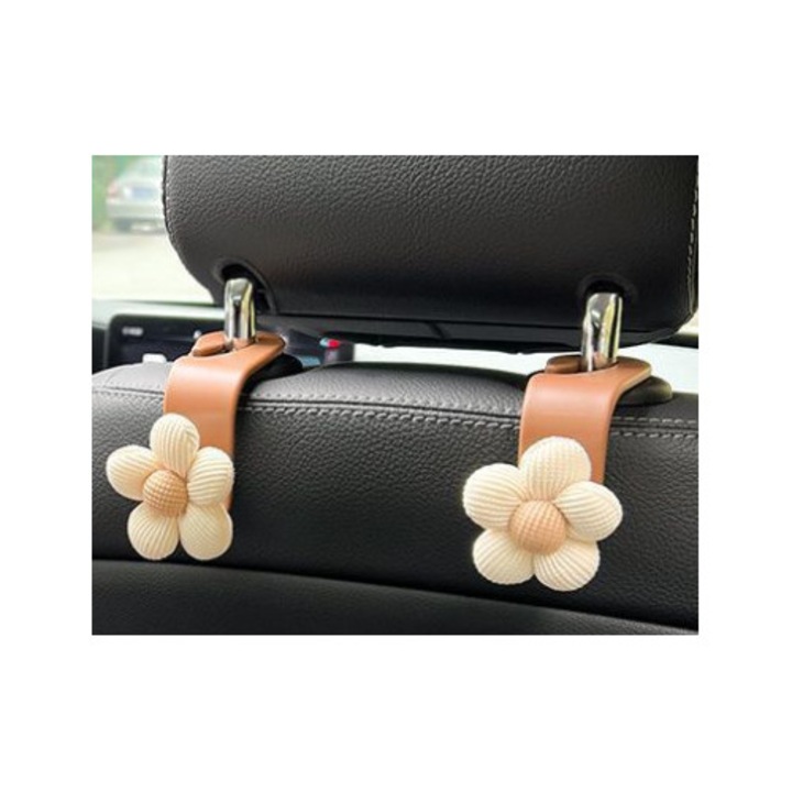 Set 2 suporturi auto pentru cap, design floral, bej/alb, pentru genti si portofele
