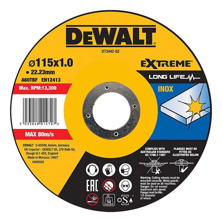 Disc de tăiere INOX DeWALT DT3442-QZ, 115x22.2x1 mm, pentru oțel inoxidabil, până la 13300 rpm