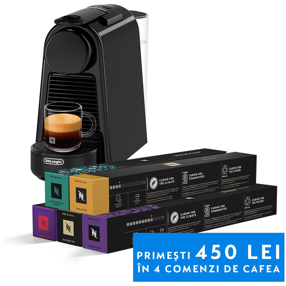 Pachet Nespresso Essenza Mini by De’Longhi, negru + 50 de capsule de cafea Nespresso