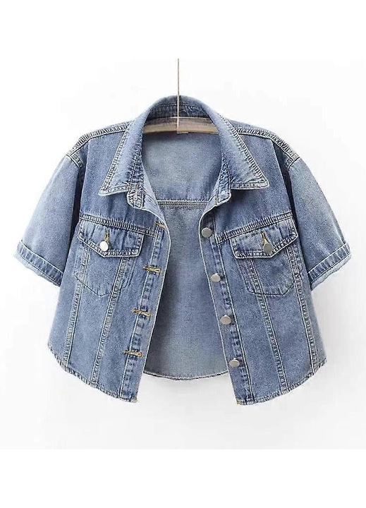 Jacheta denim femei, guler rasucit, maneca scurta, crop, Albastru