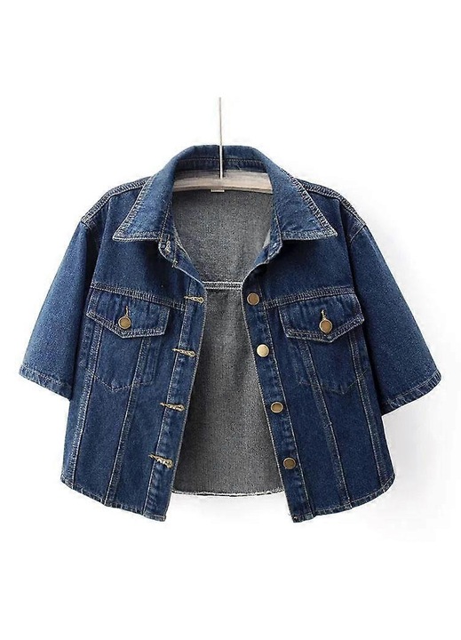 Jacheta denim femei, guler rasucit, maneca scurta, crop, Bleumarin