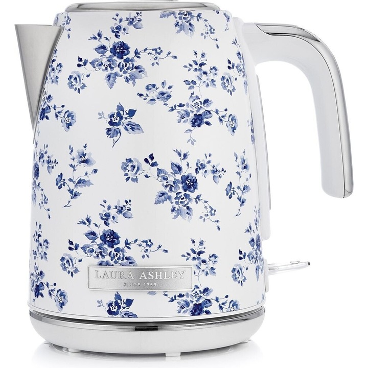 Fierbător electric, Laura Ashley, China Rose, 1.7l, inox fără BPA, cu filtru, protecție supraincalzire, Alb / Albastru