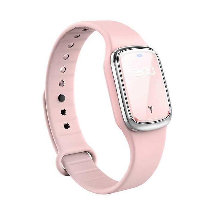 Bratara repelenta ultrasonica, pentru tantari, LED, roz, set cu cablu USB si manual de utilizare