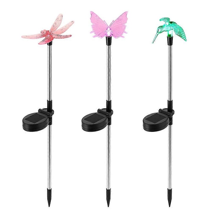 Set 3 Lampi Solare pentru Gradina, Decor Fluturi, Colibri, Libelule, Multicolor