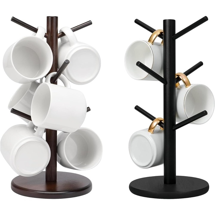 Suport pentru cani, set 2 piese, suport din lemn, 6 carlige, 17cm, natural