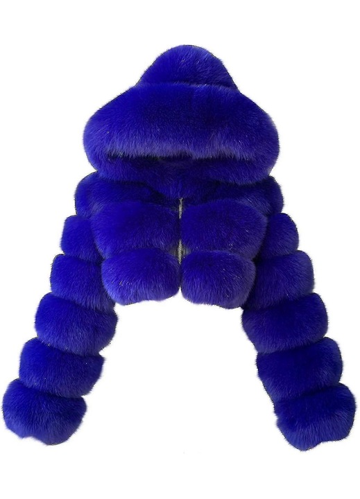 Palton scurt de blana artificiala, albastru, casual, maneci lungi, 2XL INTL