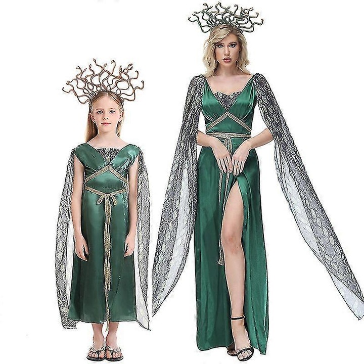 Costum Medusa pentru femei si copii, set cu accesorii, verde, XL