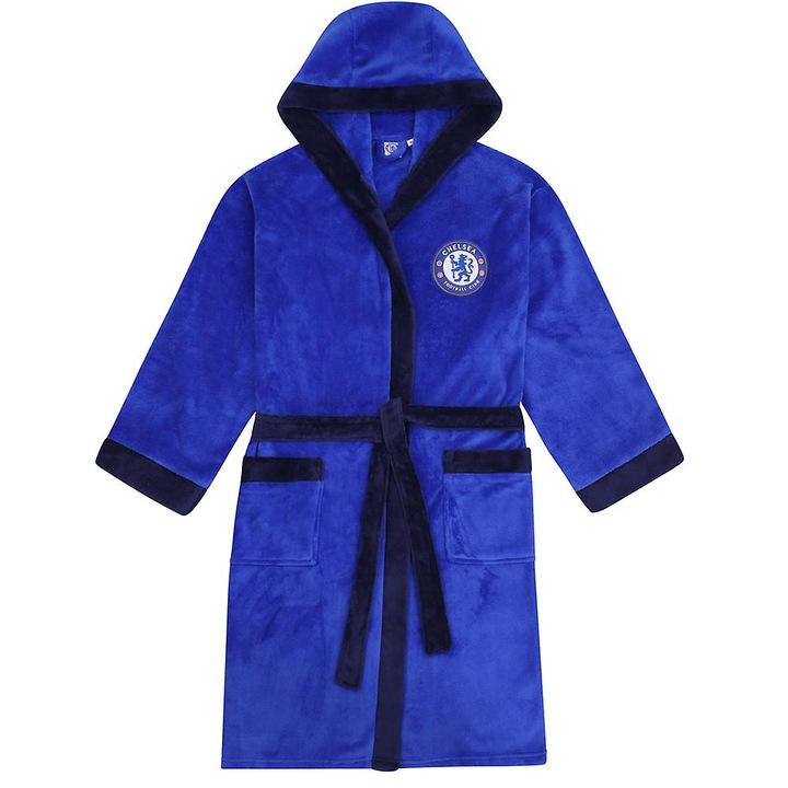 Halat de baie barbati Chelsea FC, cu gluga, albastru regal, XXL, set cu detalii contrastante
