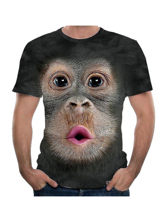 Férfi póló, 3D minta, rövid ujjú, kerek nyakú, fekete, poliészter