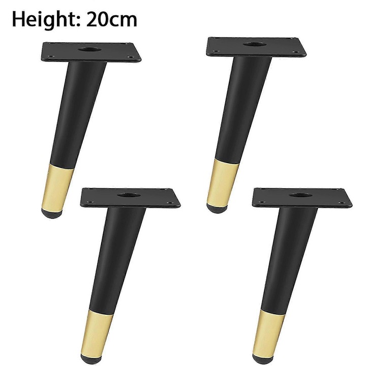 Set 4 picioare de mobilier din metal, design conic, 20cm, negru-auriu