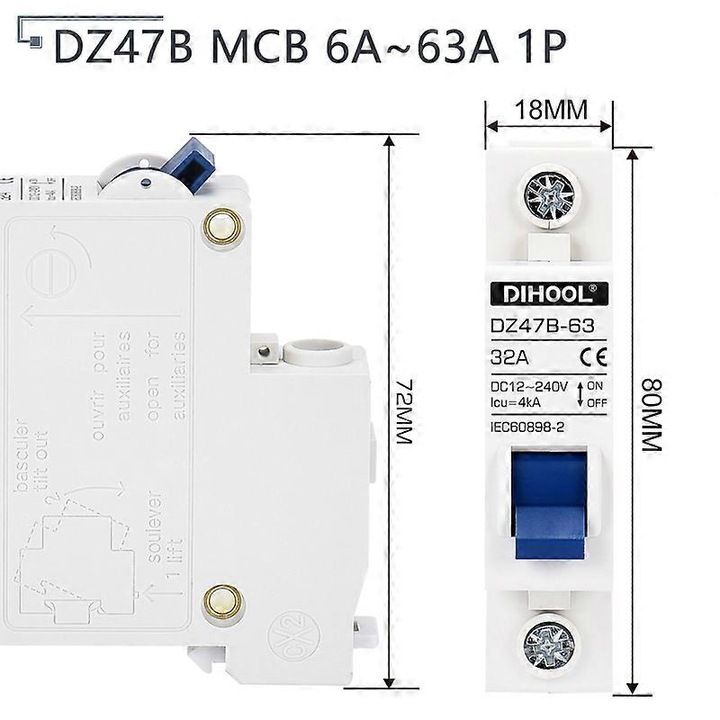 Siguranta electrica MCB Mini, DIHOOL, 1P 63A, DC12-240V