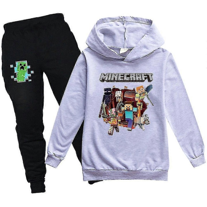Set trening copii, Minecraft, hanorac cu gluga, pantaloni jogger, poliester, Gri