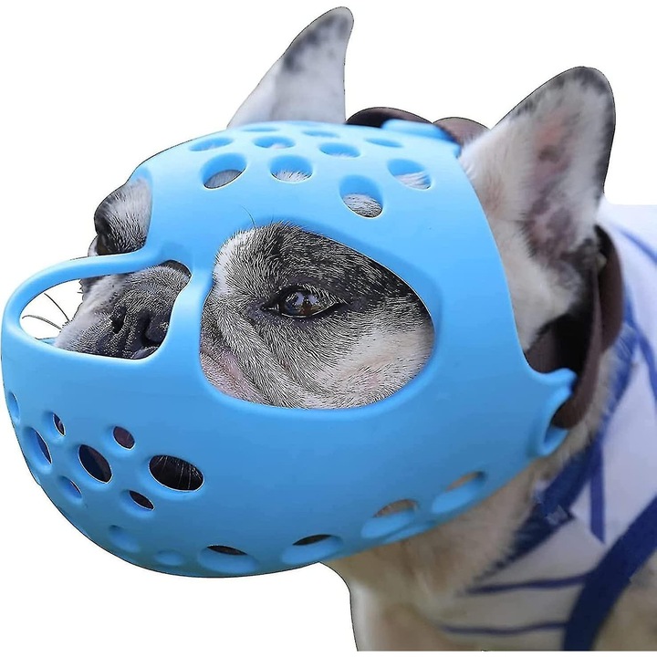 Botnita pentru caini cu bot scurt, silicon moale, ajustabil, respirabil, pentru Bulldog Francez, Shih Tzu, albastra, marime L