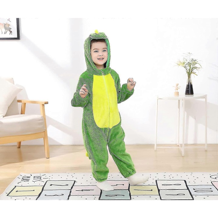 Costum animal pentru copii, Tonwhar, cu gluga, din flanel, verde, marimea 110