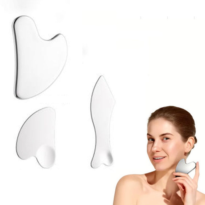 Rqiurpn, Rozsdamentes acél Gua Sha masszázseszköz készlet, 3 darab, Ergonomikus kialakítás, Arcápoláshoz, fiatalításhoz és reflexológiához/arcmasszázshoz, Rozsdamentes acél