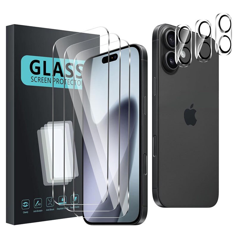 Set 3 folii protectie ecran/3 folii protectie camera, Rqiurpn, Sticla securizata, 9H, Pentru iPhone 17, Ultra Rezistenta, Transparent