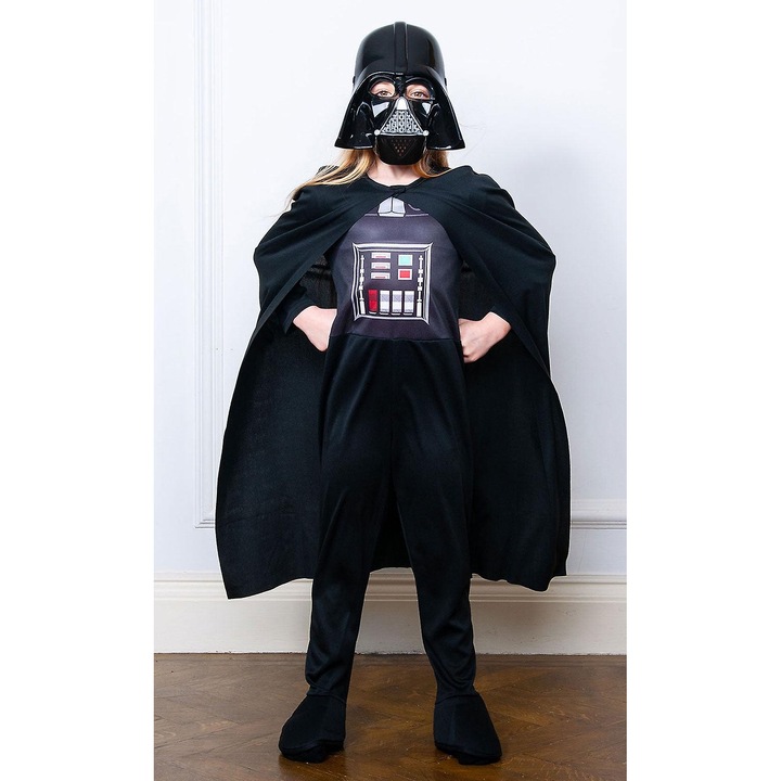 Costum Darth Vader pentru copii, cu masca si pelerina, negru, mediu, set complet