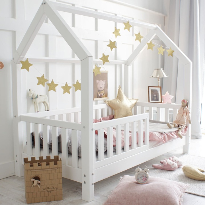 Детско легло къщичка Монтесори, Little Amy, Бяло, Парапети с плоски пръчки, 80 x 160 см
