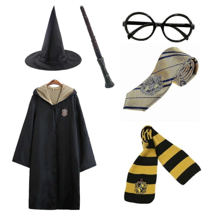 Set costum de vrajitor Harry Potter, model Hufflepuff, 6 piese, 125 cm, 5-6 ani