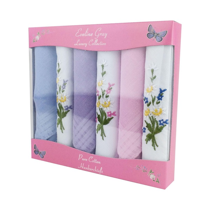 Set 12 batiste brodate cu flori, margini din satin, 29x29cm, multicolor