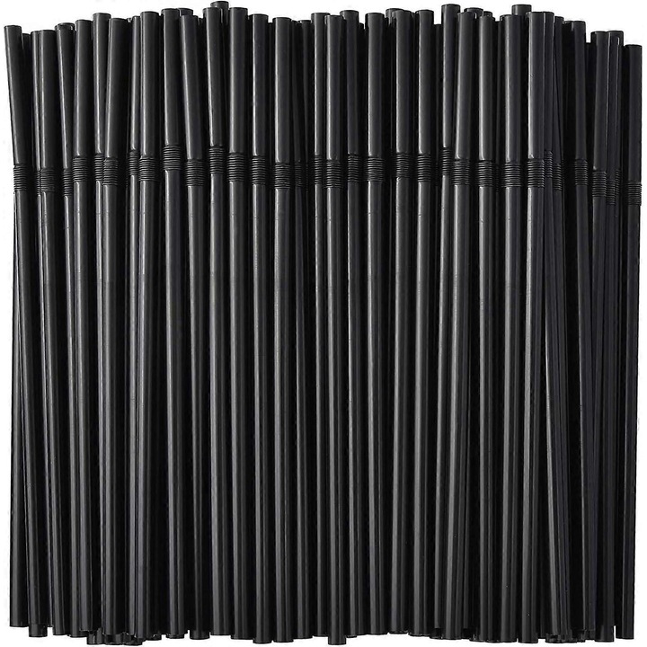 Set 500 paie flexibile negre, 7.75" x 6mm, pentru bauturi calde si reci, polipropilena, reutilizabile