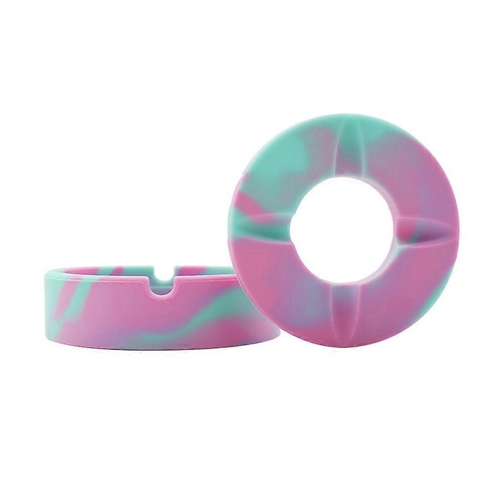 Scrumiera din silicon cu capac, design rotund, rezistent la caldura, 8.3x8.3x2.3cm, culoare mint green/red rose