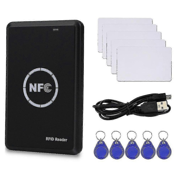 Copiator RFID, 13.56MHz, plastic, negru, dimensiuni 108x68x12mm, set cu 5 chei UID, 5 carduri UID, cablu USB