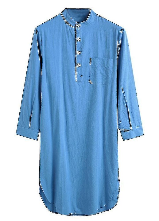 Camasa de noapte pentru barbati albastru, bumbac, cu buzunar la piept